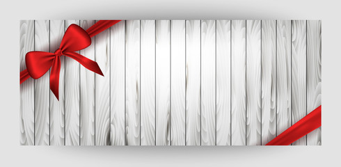 Horizontal card with wooden background. Red bow and ribbon. Bannet for congratulations with the Wedding, St. Valentine's Day, Birthday.  Vector.
