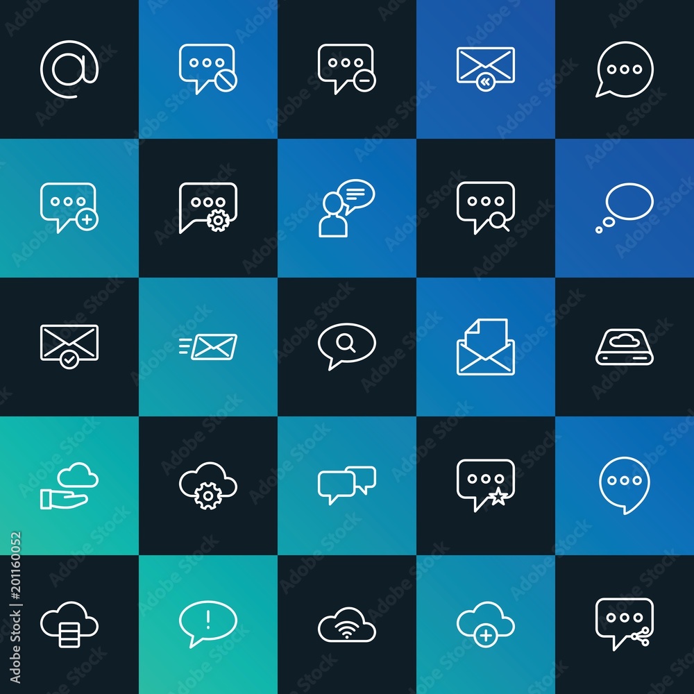 Poster Modern Simple Set of cloud and networking, chat and messenger, email Vector outline Icons. ..Contains such Icons as  alert, sms and more on dark and gradient background. Fully Editable. Pixel Perfect.