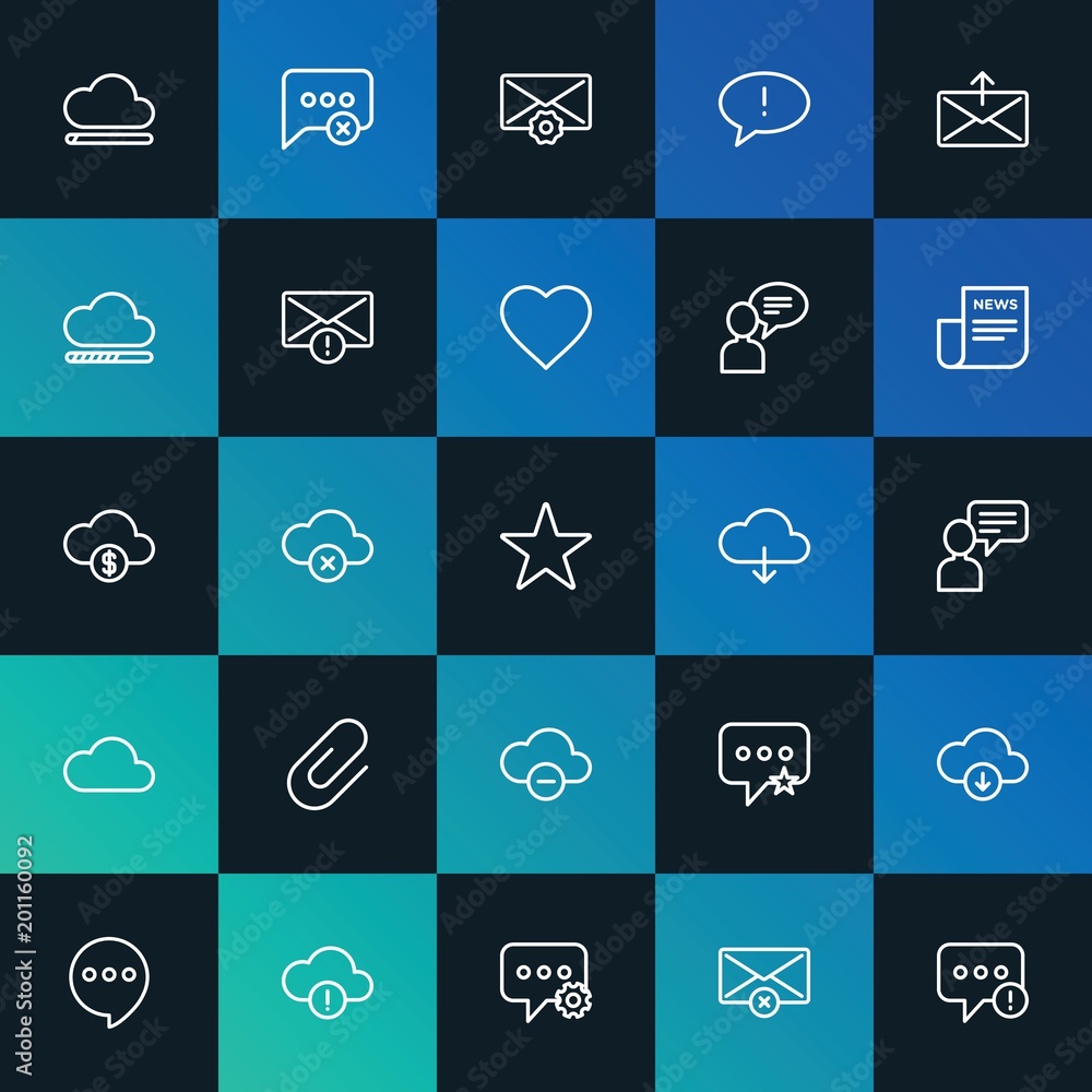 Poster Modern Simple Set of cloud and networking, chat and messenger, email Vector outline Icons. ..Contains such Icons as  paper, sms and more on dark and gradient background. Fully Editable. Pixel Perfect.