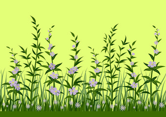 Seamless Horizontal Background, Nature, Landscape with Fresh Green Grass, Leaves and Lilac Flowers on Yellow, Tile Pattern for Your Design. Vector