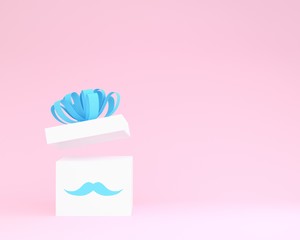 White gift box with blue ribbon on pink background for copy space. minimal concept idea. Happy Fathers Day, is a celebration honoring fathers and celebrating fatherhood, paternal bonds