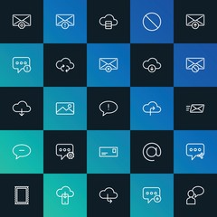 Modern Simple Set of cloud and networking, chat and messenger, email Vector outline Icons. ..Contains such Icons as  sms,  mail and more on dark and gradient background. Fully Editable. Pixel Perfect.