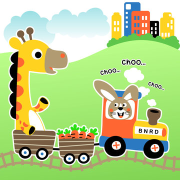 animals on train, vector cartoon illustration