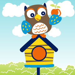 cute owl with a fruit on the cage, vector cartoon illustration