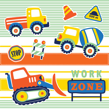 Construction vehicles with construction signs on colorful striped, vector cartoon illustration