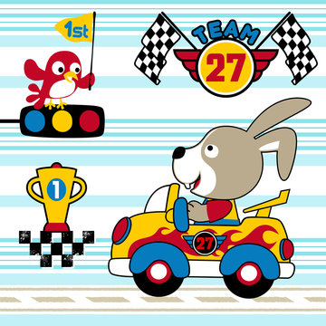 Bunny the car racer with trophy on striped background, vector cartoon illustration