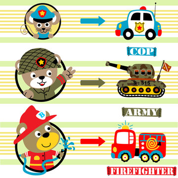 animals cartoon profession with vehicles, vector cartoon illustration