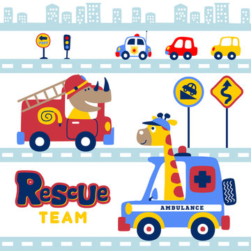 animals rescue team in the city with vehicles, vector cartoon illustration