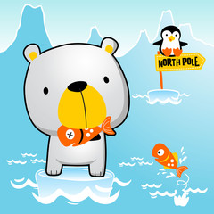 polar bear with little penguin catch fish, north pole life, vector cartoon illustration