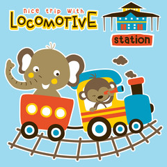 Animals cartoon vacation with train, vector cartoon illustration