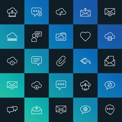 Modern Simple Set of cloud and networking, chat and messenger, email Vector outline Icons. ..Contains such Icons as heart,  web and more on dark and gradient background. Fully Editable. Pixel Perfect.