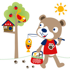 Cute animal going home from fishing, fishing time with little bear, vector cartoon illustration