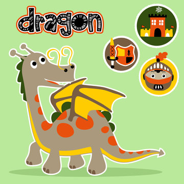 dragon with kingdom element icon, vector cartoon illustration
