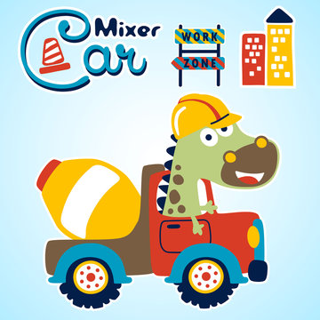 big animal on mixer truck, vector cartoon illustration