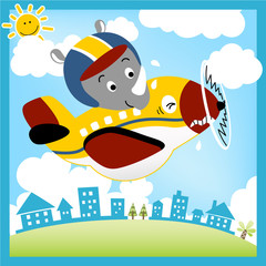 Funny plane cartoon with heavy pilot, vector cartoon illustration