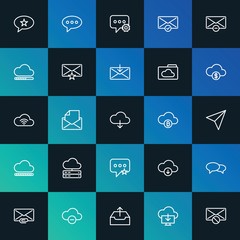 Modern Simple Set of cloud and networking, chat and messenger, email Vector outline Icons. ..Contains such Icons as  design and more on dark and gradient background. Fully Editable. Pixel Perfect.