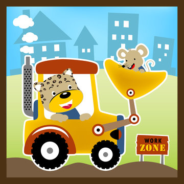 Animals worker on construction equipment, vector cartoon illustration