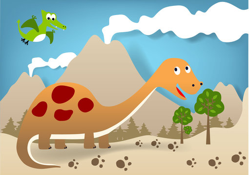 Dinosaurs cartoon on volcanoes background, vector cartoon illustration