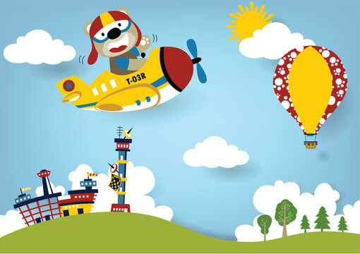 Summer vacation with plane and air balloon, vector cartoon illustration