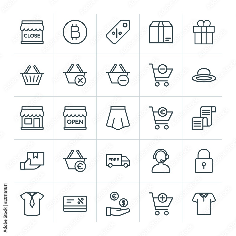 Poster modern simple set of clothes, shopping vector outline icons. ..contains such icons as call, currency