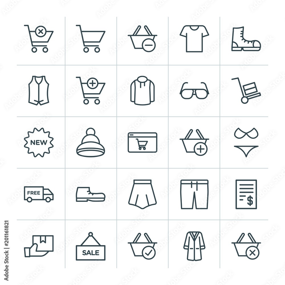 Poster modern simple set of clothes, shopping vector outline icons. ..contains such icons as design, plasti