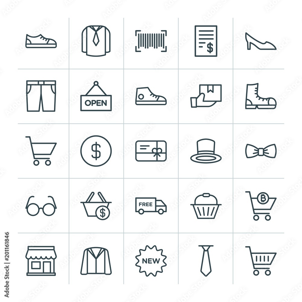 Poster modern simple set of clothes, shopping vector outline icons. ..contains such icons as check, bitcoin