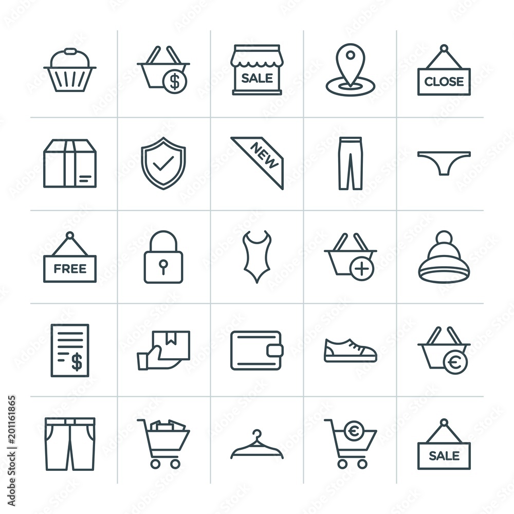 Poster modern simple set of clothes, shopping vector outline icons. ..contains such icons as diagonal, deli