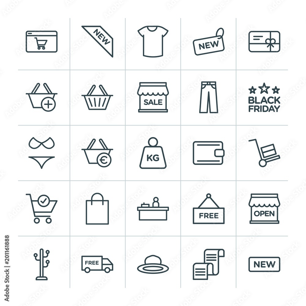 Poster modern simple set of clothes, shopping vector outline icons. ..contains such icons as object, market