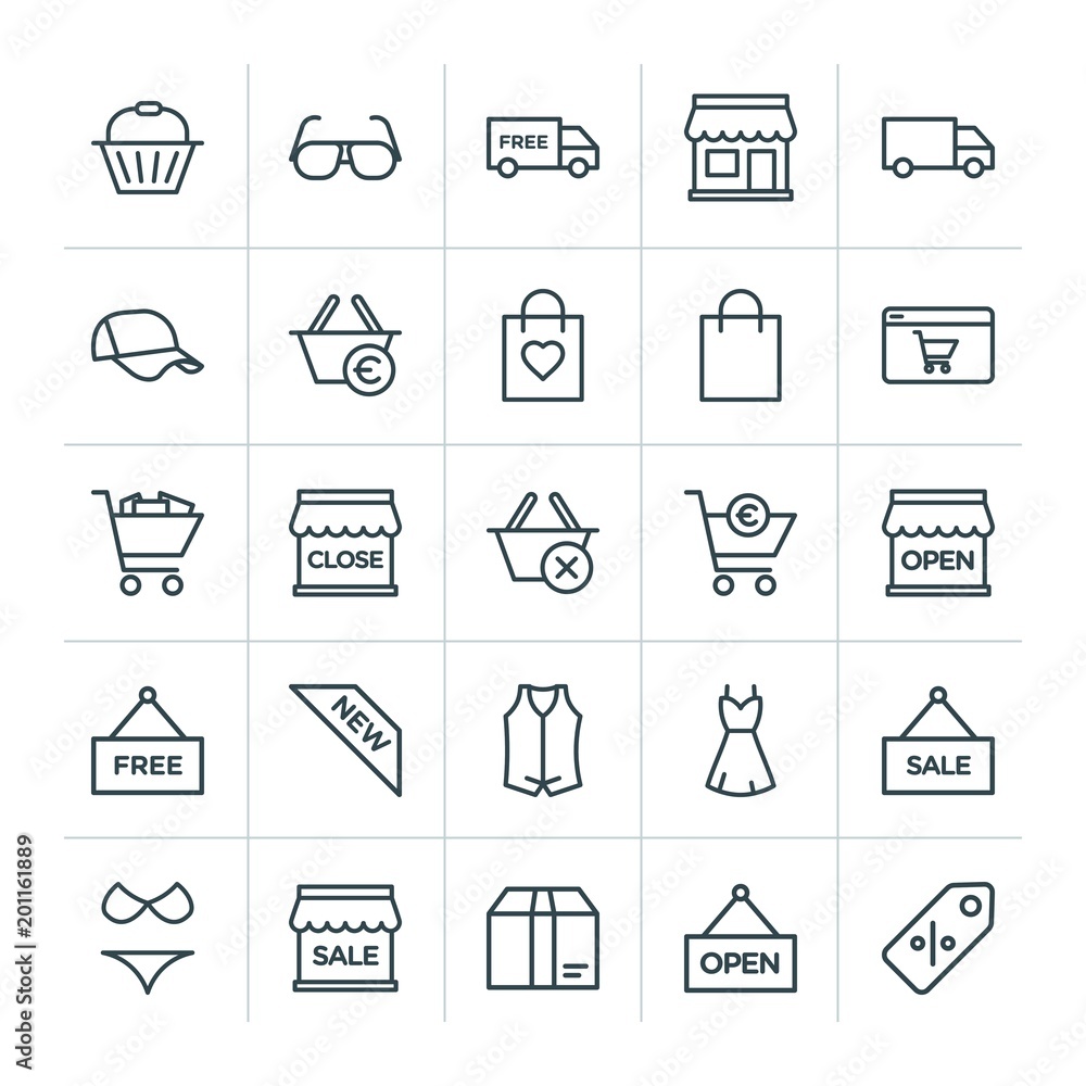 Poster modern simple set of clothes, shopping vector outline icons. ..contains such icons as transportation