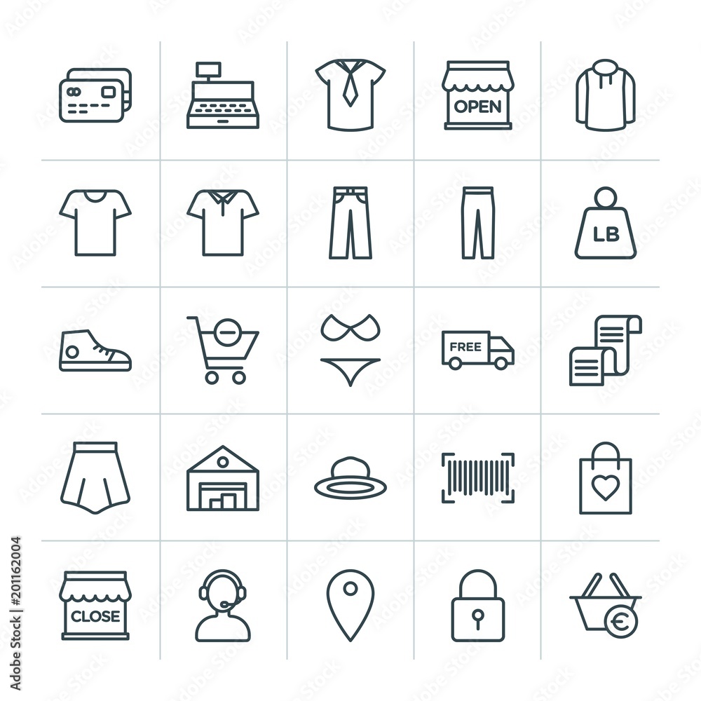 Poster modern simple set of clothes, shopping vector outline icons. ..contains such icons as lock, christma