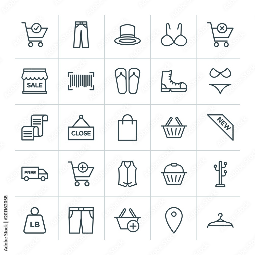 Poster modern simple set of clothes, shopping vector outline icons. ..contains such icons as object, trouse