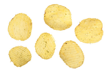 potato chips isolated on white background close-up. Top view. Flat lay