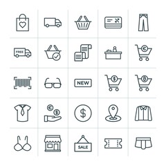 Modern Simple Set of clothes, shopping Vector outline Icons. ..Contains such Icons as bra,  handle,  sale, delivery,  underwear, voucher and more on white background. Fully Editable. Pixel Perfect