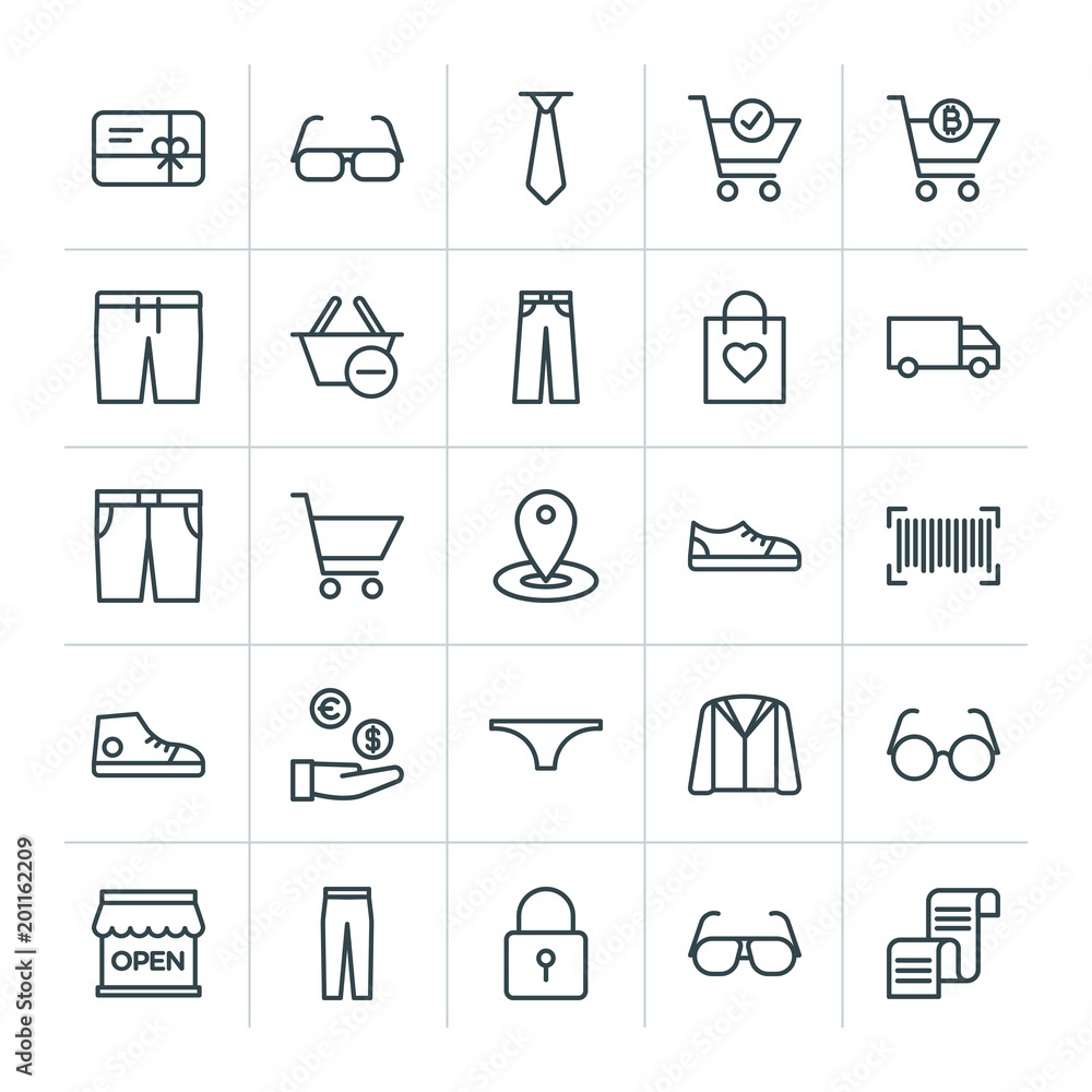 Poster modern simple set of clothes, shopping vector outline icons. ..contains such icons as line, bitcoin,