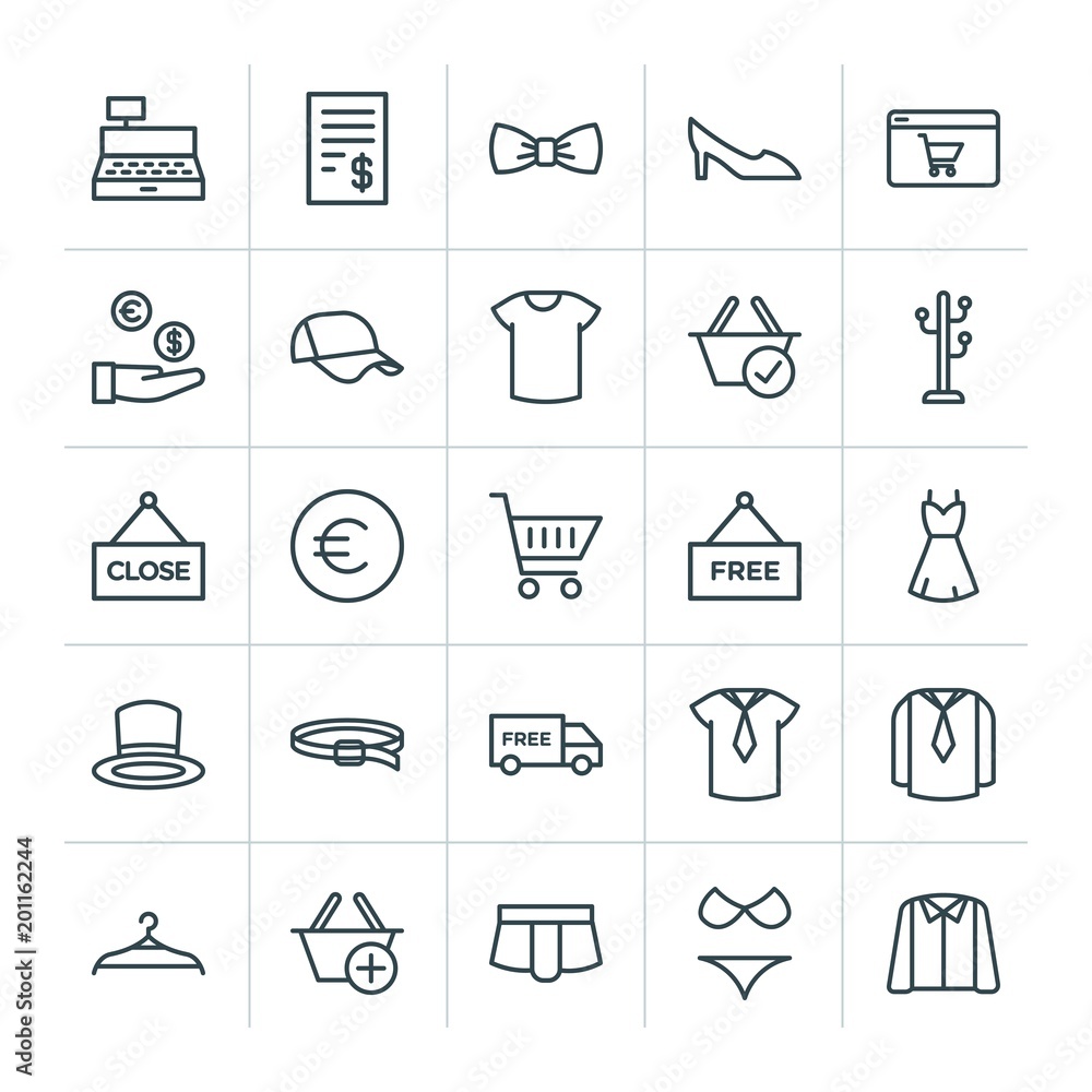Poster modern simple set of clothes, shopping vector outline icons. ..contains such icons as beach, outline