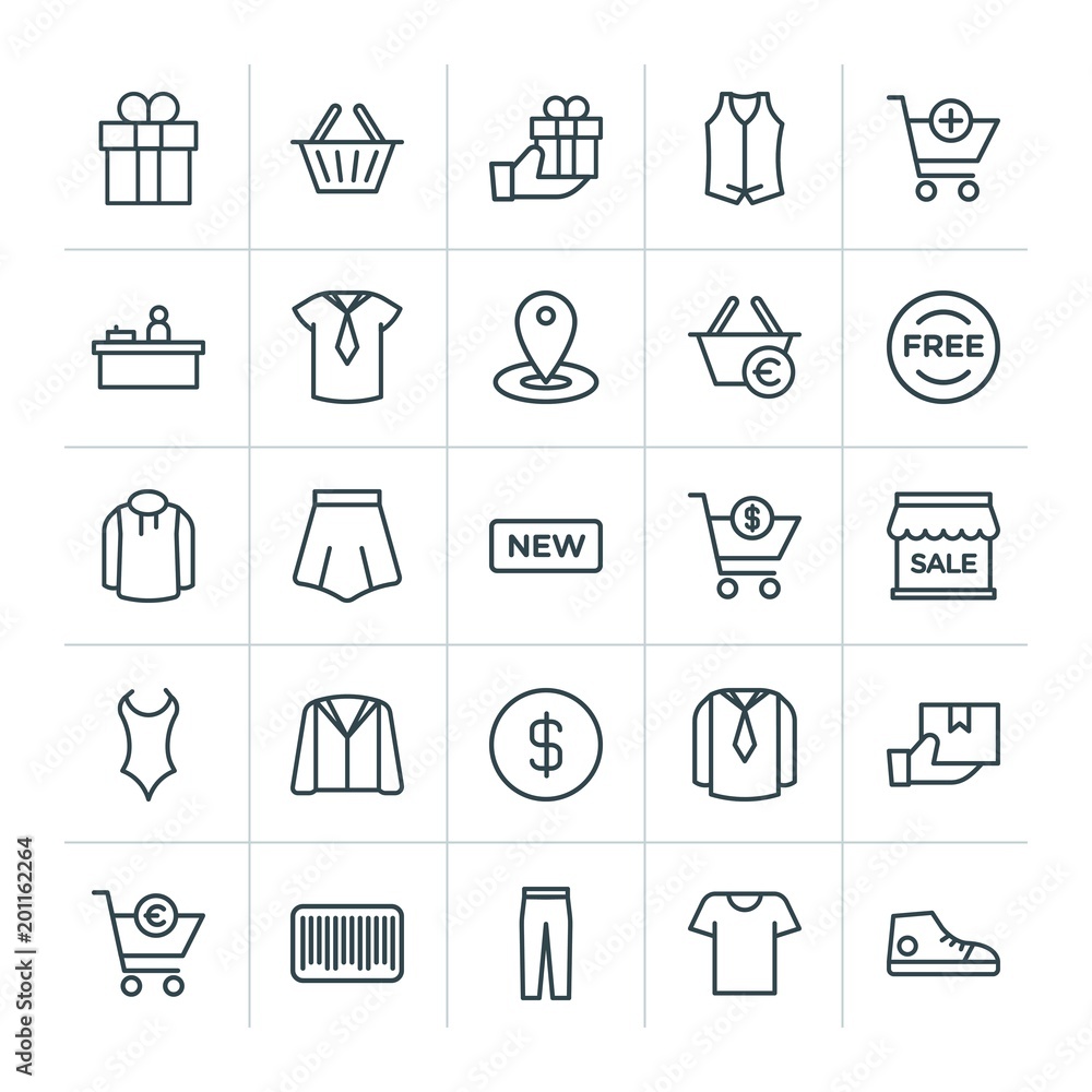 Poster modern simple set of clothes, shopping vector outline icons. ..contains such icons as sign, shoes, b
