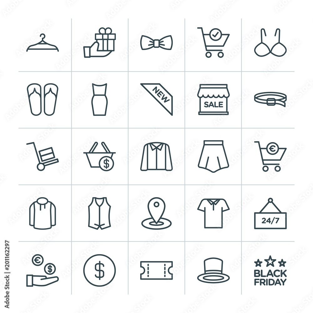 Poster modern simple set of clothes, shopping vector outline icons. ..contains such icons as hook, hanger, 