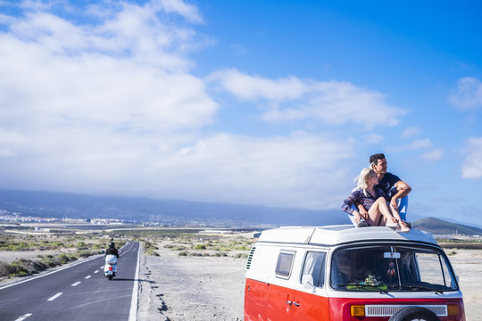 Nice Couple Of Traveler With Old Van