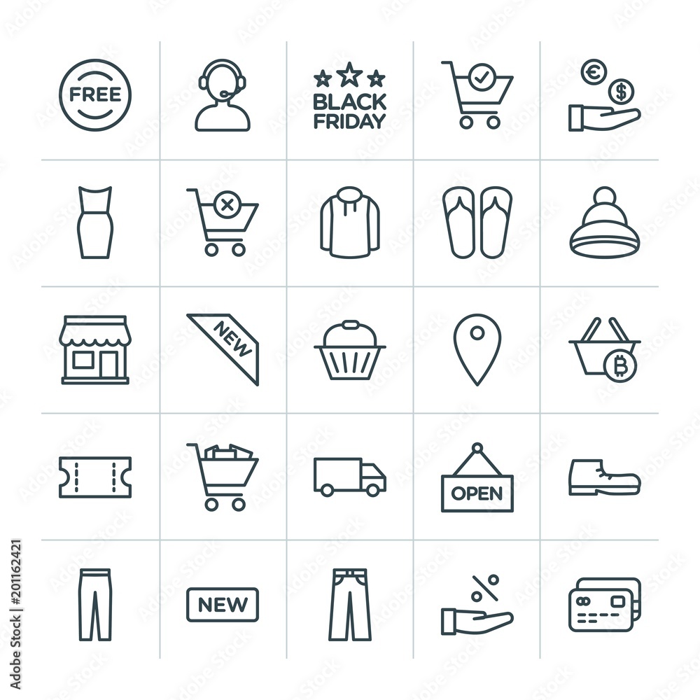 Poster modern simple set of clothes, shopping vector outline icons. ..contains such icons as customer, free
