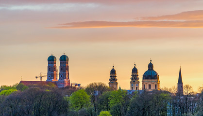 Naklejka premium Munich Frauenkirche during beautiful sunset in summer