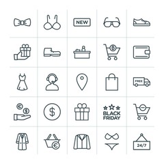 Modern Simple Set of clothes, shopping Vector outline Icons. ..Contains such Icons as  bikini,  line, fashion,  symbol, new,  clothes,  cart and more on white background. Fully Editable. Pixel Perfect