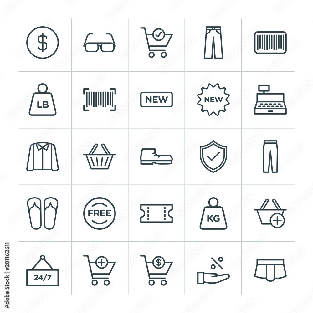 Poster modern simple set of clothes, shopping vector outline icons. ..contains such icons as cotton, design