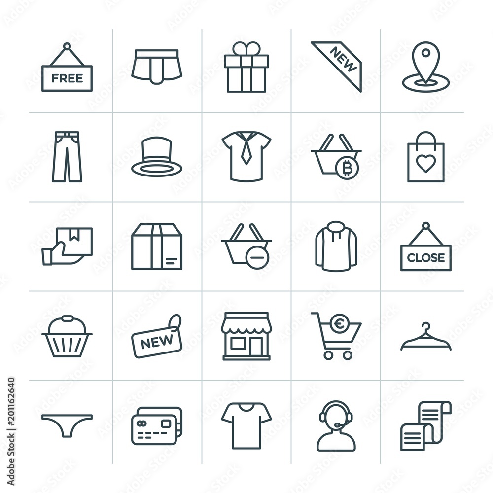 Poster modern simple set of clothes, shopping vector outline icons. ..contains such icons as payment, call,