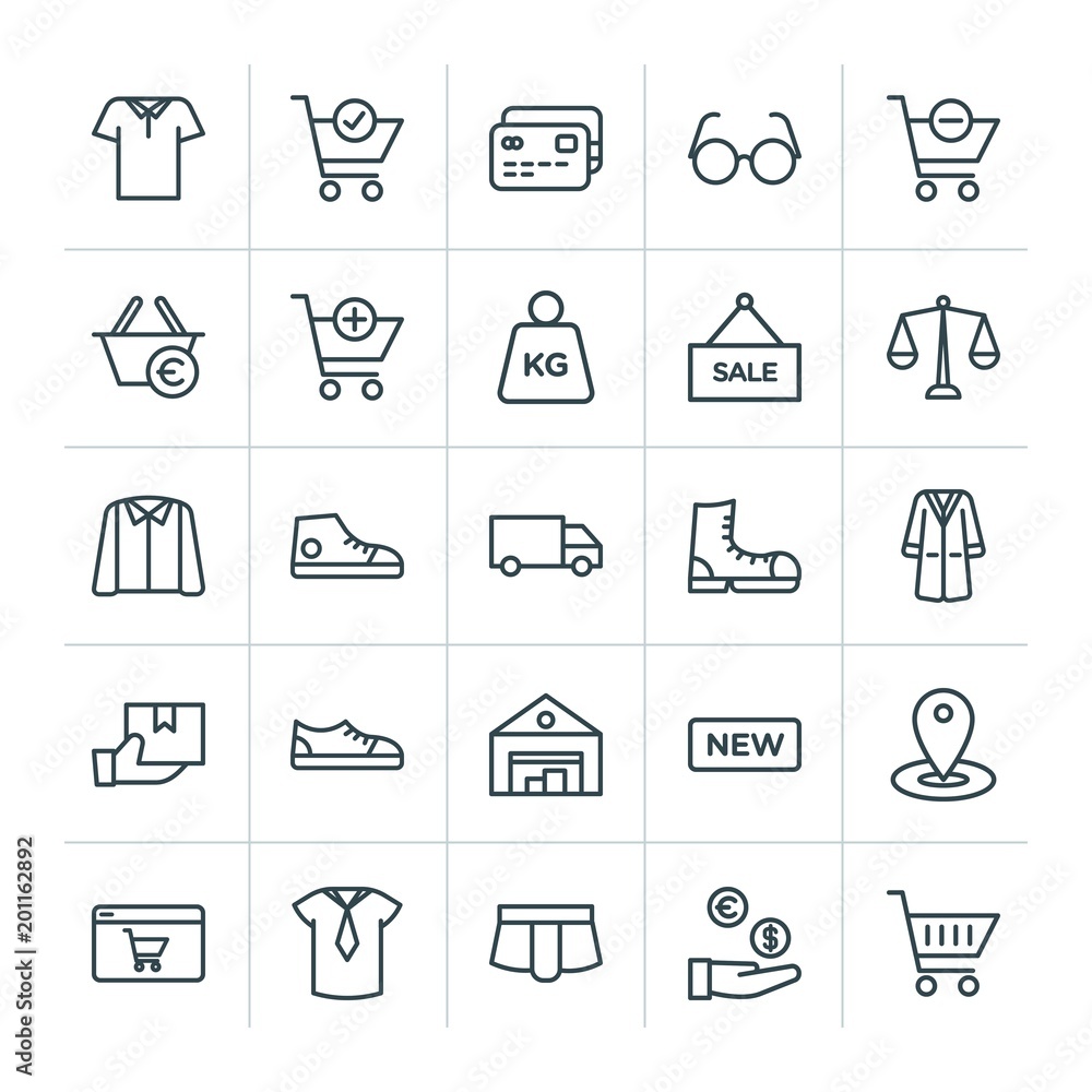 Poster modern simple set of clothes, shopping vector outline icons. ..contains such icons as debit, templat