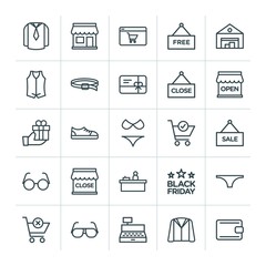 Modern Simple Set of clothes, shopping Vector outline Icons. ..Contains such Icons as  warehouse,  female,  sunglasses,  finance,  money and more on white background. Fully Editable. Pixel Perfect