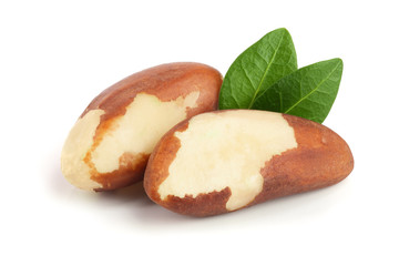 Brazil nuts with leaves isolated on white background closeup. Full depth of field