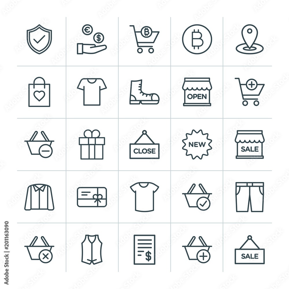 Poster modern simple set of clothes, shopping vector outline icons. ..contains such icons as map, vest, bil
