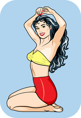 Beautiful girl in a swimsuit, with long, curvy hair, retro, pin-up style