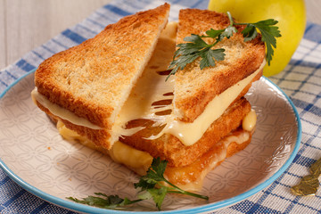 Toasted slices of bread with cheese and green parsley on white plate, green apple on napkin