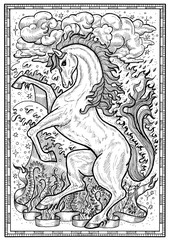 Horse symbol with four nature elements, fire, air, water and earth mystic signs in frame. Fantasy engraved illustration for t-shirt, print, card, tattoo design. Zodiac animals of eastern calendar